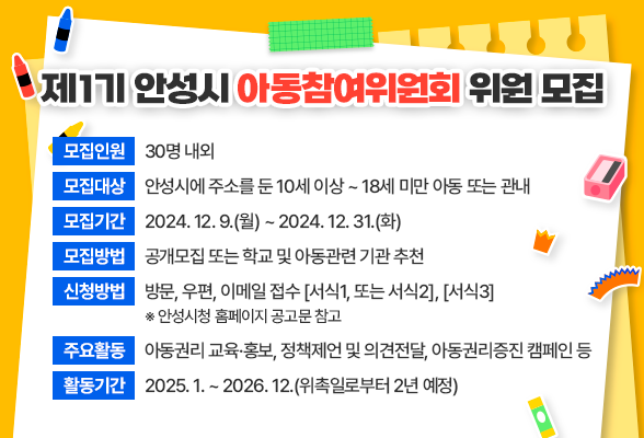 제1기 안성시 아동참여위원회 위원 모집 모집인원 : 30명 내외 모집대상 : 안성시에 주소를 둔 10세 이상 ~ 18세 미만 아동 또는 관내 모집기간 : 2024. 12. 9.(월) ~ 2024. 12. 31.(화) 모집방법 : 공개모집 또는 학교 및 아동관련 기관 추천 신청방법 : 방문, 우편, 이메일 접수 [서식1, 또는 서식2], [서식3] ※ 안성시청 홈페이지 공고문 참고 주요활동 : 아동권리 교육&middot;홍보, 정책제언 및 의견전달, 아동권리증진 캠페인 등 활동기간: 2025년 1월~2026년 12월(위촉일로부터 2년 예정)